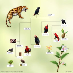 A detailed phylogenetic tree showcasing the evolutionary relationships among the following species: Jaguar (Panthera onca), Harpy Eagle (Harpia harpyja), Central American Tapir (Tapirus bairdii), Black Howler Monkey (Alouatta palliata), Hoffmann's Two-toed Sloth (Choloepus hoffmanni), Scarlet Macaw (Ara macao), Spiny Cedar (Pachira quinata), Mahogany (Swietenia macrophylla), Guayacan (Tabebuia guayacan), and Vanilla Orchid (Vanilla planifolia)