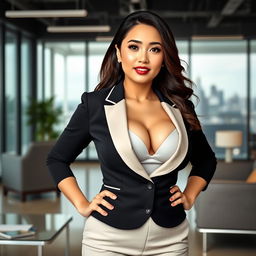 A beautiful European-Korean woman with a curvy figure and prominent breasts, dressed in stylish and elegant corporate attire suitable for top management