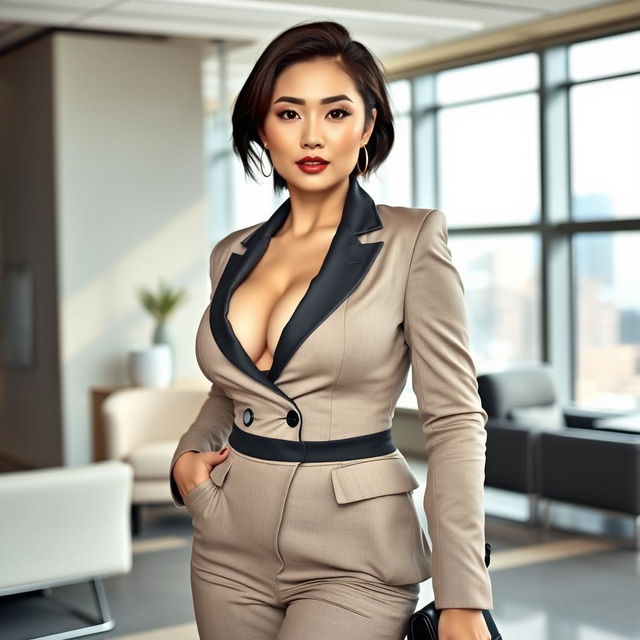 A beautiful European-Korean woman with a curvy figure and prominent breasts, dressed in stylish and elegant corporate attire suitable for top management