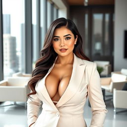 A beautiful European-Korean woman with a curvy figure and prominent breasts, dressed in stylish and elegant corporate attire suitable for top management