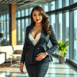 A beautiful European-Korean woman with a curvy figure and prominent breasts, dressed in stylish and elegant corporate attire suitable for top management