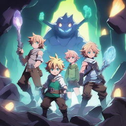 This is a high-quality digital art image featuring Meliodas and his friends, drawn in anime style, in the glowing mineral-filled caves of Hoxxes IV from Deep Rock Galactic