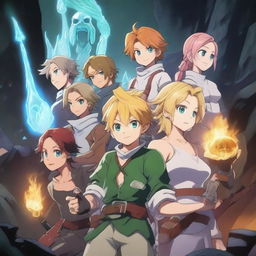 A high-quality digital art image displays Meliodas and his friends in anime style, set within the radiant, mineral-filled caves of Hoxxes IV from Deep Rock Galactic