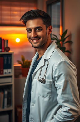 A romantic scene featuring a handsome male doctor in a cozy office setting, wearing a white lab coat and stethoscope, with warm lighting that creates an inviting atmosphere