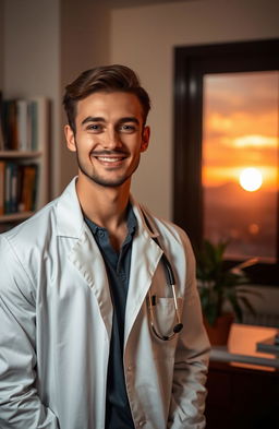 A romantic scene featuring a handsome male doctor in a cozy office setting, wearing a white lab coat and stethoscope, with warm lighting that creates an inviting atmosphere
