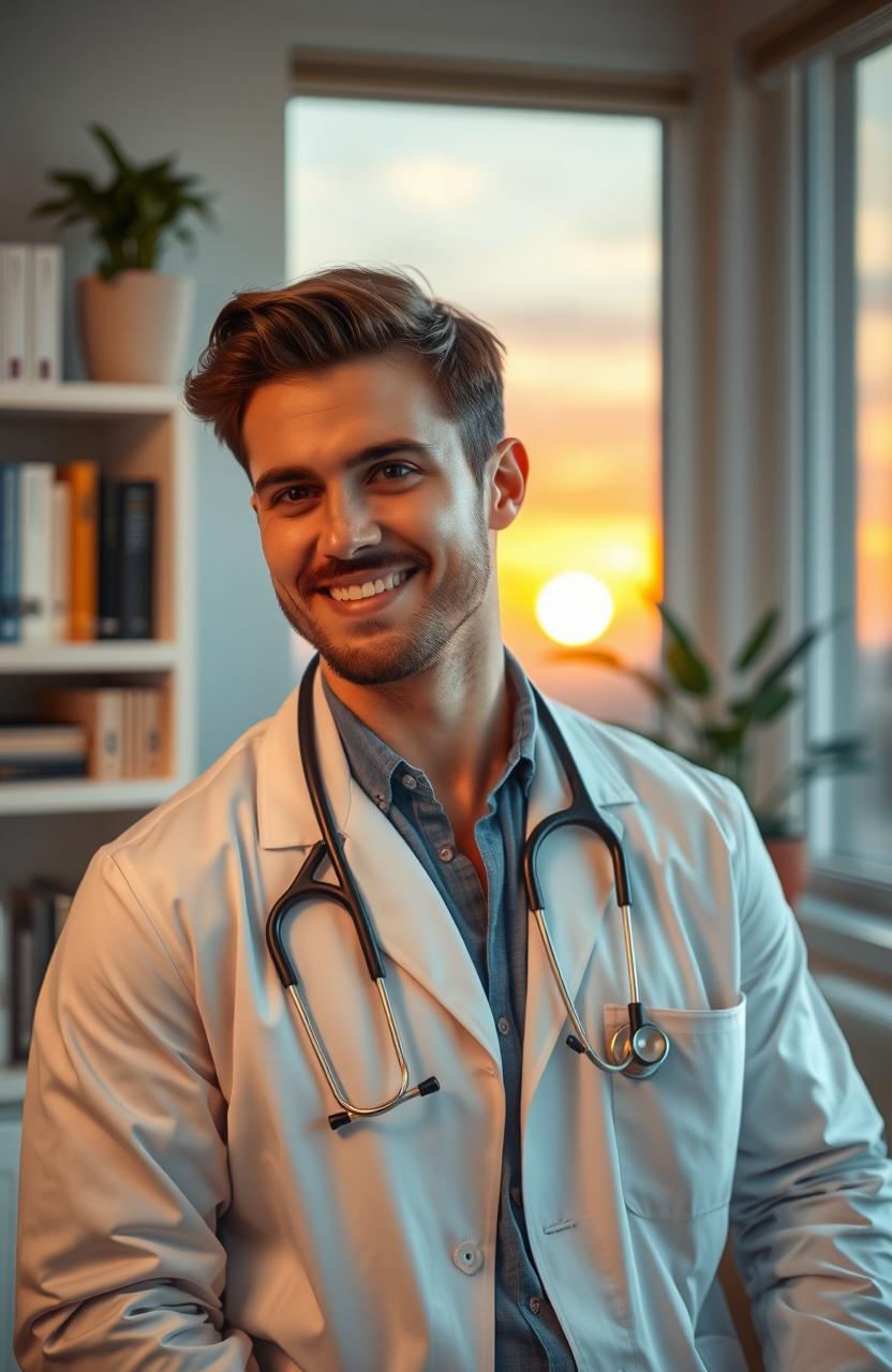 A romantic scene featuring a handsome male doctor in a cozy office setting, wearing a white lab coat and stethoscope, with warm lighting that creates an inviting atmosphere