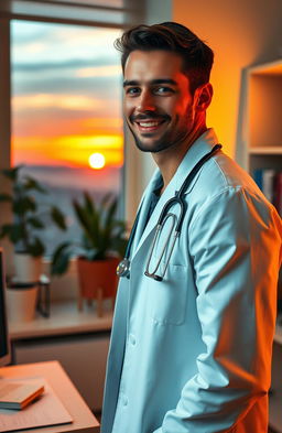 A romantic scene featuring a handsome male doctor in a cozy office setting, wearing a white lab coat and stethoscope, with warm lighting that creates an inviting atmosphere