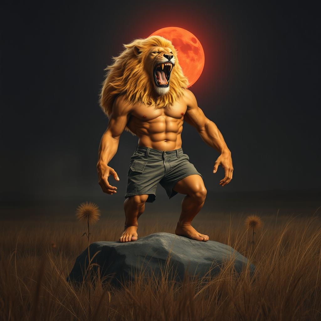 A giant human-lion hybrid with a muscular human physique and striking golden fur, adorned with a flowing lion's mane