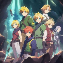 A high-quality digital art image displays Meliodas and his friends in anime style, set within the radiant, mineral-filled caves of Hoxxes IV from Deep Rock Galactic