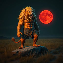 A giant human-lion hybrid with a muscular human physique and striking golden fur, adorned with a flowing lion's mane