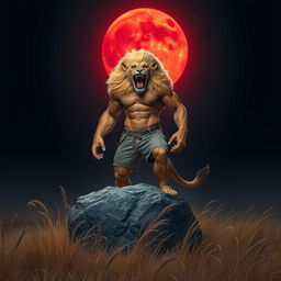 A giant human-lion hybrid with a muscular human physique and striking golden fur, adorned with a flowing lion's mane