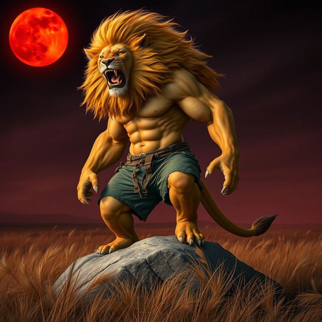 A giant human-lion hybrid with a muscular human physique and striking golden fur, adorned with a flowing lion's mane