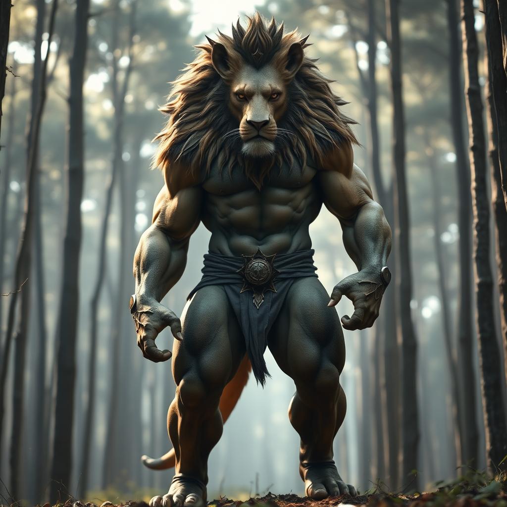 A powerful and majestic creature with the muscular body of a human superhero and the regal head of a lion, standing upright in a dense forest filled with tall trees