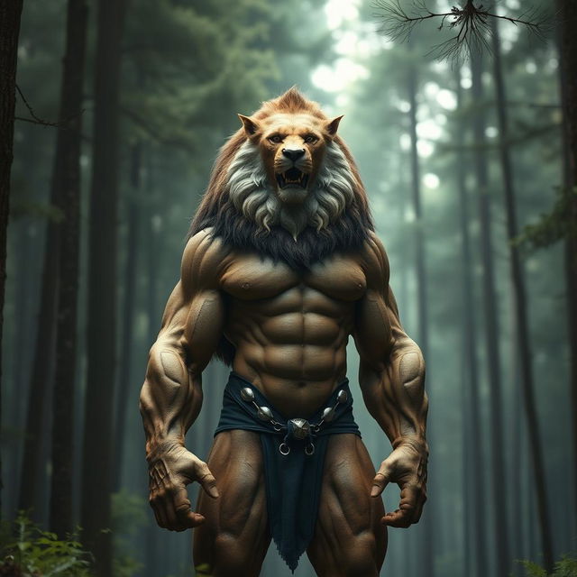 A powerful and majestic creature with the muscular body of a human superhero and the regal head of a lion, standing upright in a dense forest filled with tall trees