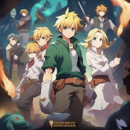 A high-quality digital art image displays Meliodas and his friends in anime style, set within the radiant, mineral-filled caves of Hoxxes IV from Deep Rock Galactic