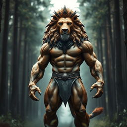 A powerful and majestic creature with the muscular body of a human superhero and the regal head of a lion, standing upright in a dense forest filled with tall trees