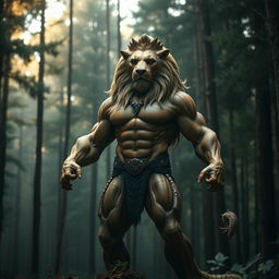 A powerful and majestic creature with the muscular body of a human superhero and the regal head of a lion, standing upright in a dense forest filled with tall trees