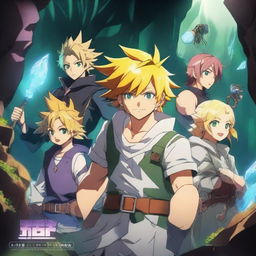 A high-quality digital art image displays Meliodas and his friends in anime style, set within the radiant, mineral-filled caves of Hoxxes IV from Deep Rock Galactic