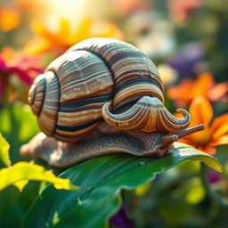 An old snail with a whimsical mustache, showcasing its wrinkled shell and soft, textured body