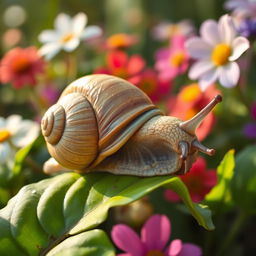 An old snail with a whimsical mustache, showcasing its wrinkled shell and soft, textured body