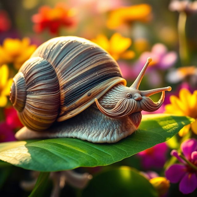 An old snail with a whimsical mustache, showcasing its wrinkled shell and soft, textured body