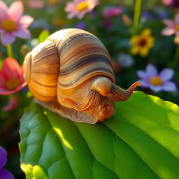 An old snail with a whimsical mustache, showcasing its wrinkled shell and soft, textured body
