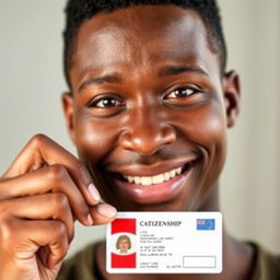 A close-up facial portrait of an adult person confidently holding their citizenship card in one hand