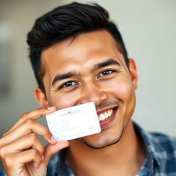 A close-up facial portrait of an adult person confidently holding their citizenship card in one hand