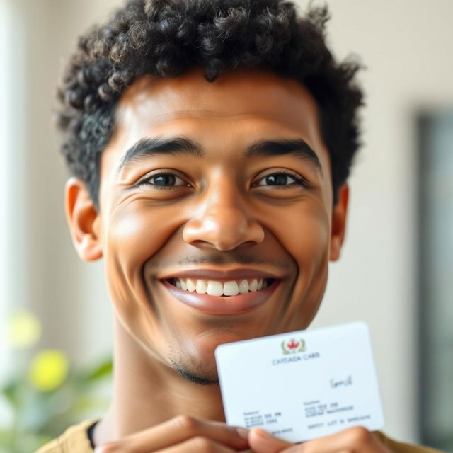 A close-up facial portrait of an adult person confidently holding their citizenship card in one hand