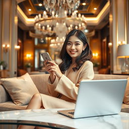 A beautiful Korean woman posing elegantly and attractively while sitting on a sofa facing the camera with a gentle smile