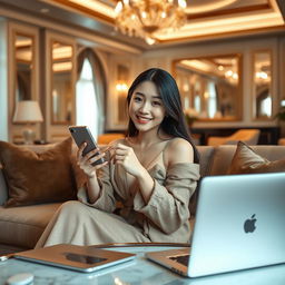 A beautiful Korean woman posing elegantly and attractively while sitting on a sofa facing the camera with a gentle smile