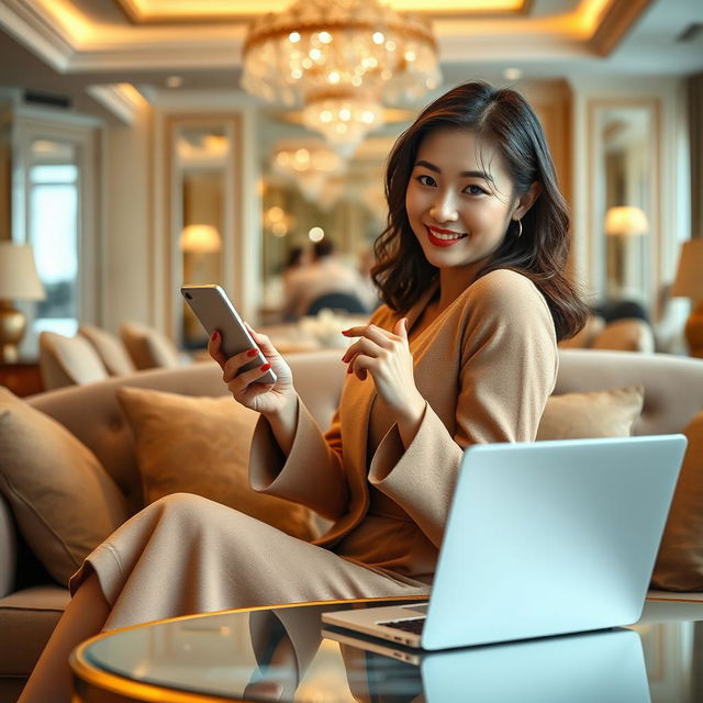 A beautiful Korean woman posing elegantly and attractively while sitting on a sofa facing the camera with a gentle smile