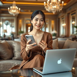 A beautiful Korean woman posing elegantly and attractively while sitting on a sofa facing the camera with a gentle smile