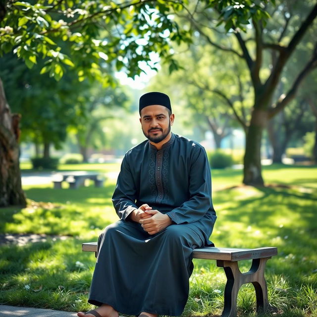 A man in traditional Muslim clothing, sitting on a bench