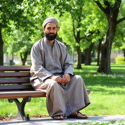 A man in traditional Muslim clothing, sitting on a bench