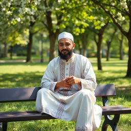 A man in traditional Muslim clothing, sitting on a bench