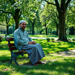 A man in traditional Muslim clothing, sitting on a bench