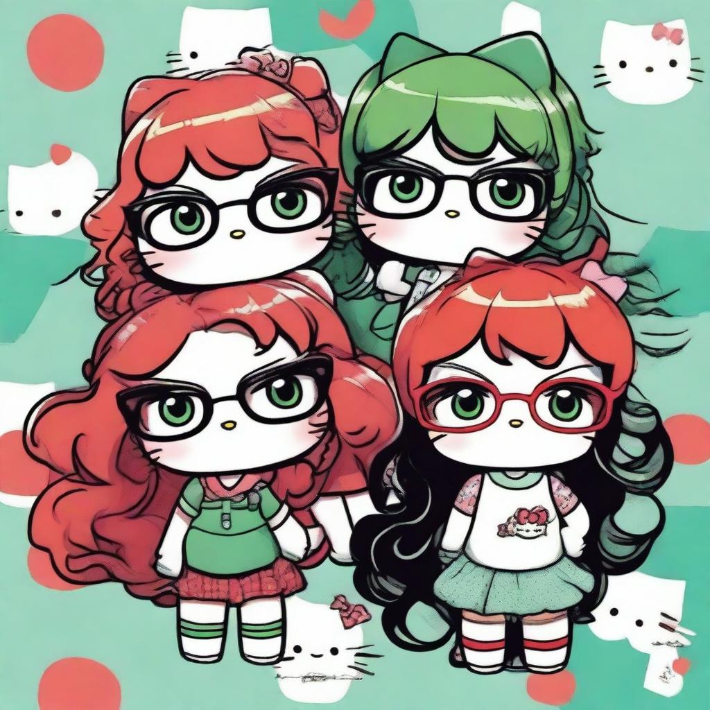 An image of high quality featuring three Hello Kitty girls in a cartoon style