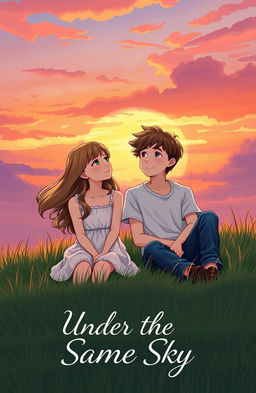 A touching scene depicting a teenage girl and boy sitting side by side on a grassy hill, gazing up at a vibrant sunset sky filled with hues of orange, pink, and purple
