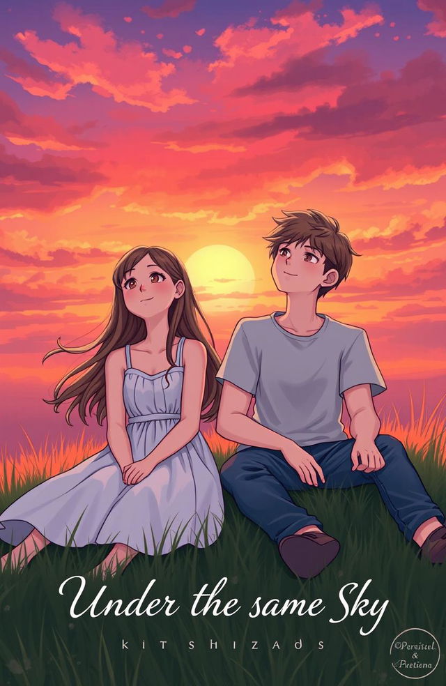 A touching scene depicting a teenage girl and boy sitting side by side on a grassy hill, gazing up at a vibrant sunset sky filled with hues of orange, pink, and purple