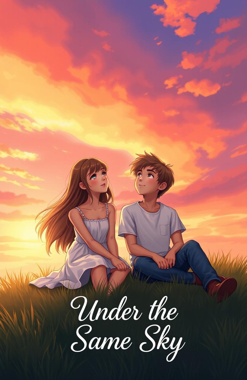 A touching scene depicting a teenage girl and boy sitting side by side on a grassy hill, gazing up at a vibrant sunset sky filled with hues of orange, pink, and purple