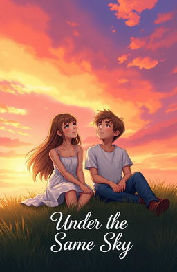 A touching scene depicting a teenage girl and boy sitting side by side on a grassy hill, gazing up at a vibrant sunset sky filled with hues of orange, pink, and purple