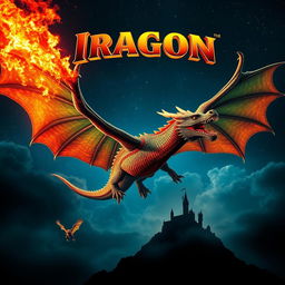 A dramatic movie poster featuring a majestic fire-breathing dragon soaring through a starry night sky