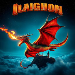 A dramatic movie poster featuring a majestic fire-breathing dragon soaring through a starry night sky