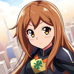 A female original character from My Hero Academia, featuring expressive brown eyes and long, flowing brown hair