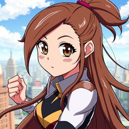 A female original character from My Hero Academia, featuring expressive brown eyes and long, flowing brown hair