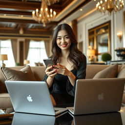 A beautiful South Korean woman striking an elegant and captivating pose, sitting on a sofa facing the camera with a gentle smile while playing with her smartphone