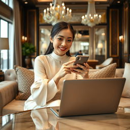 A beautiful South Korean woman striking an elegant and captivating pose, sitting on a sofa facing the camera with a gentle smile while playing with her smartphone