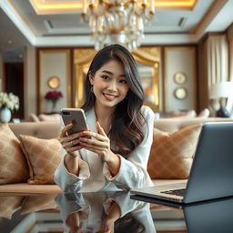 A beautiful South Korean woman striking an elegant and captivating pose, sitting on a sofa facing the camera with a gentle smile while playing with her smartphone