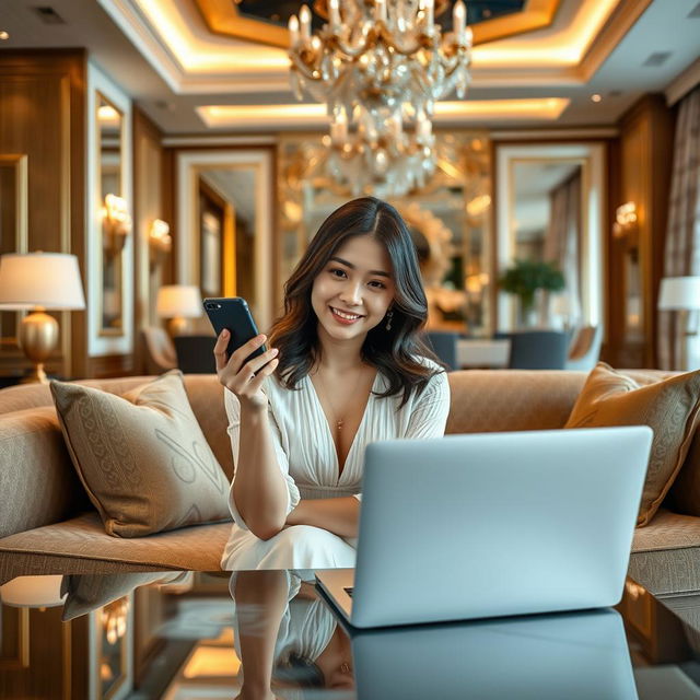 A beautiful South Korean woman striking an elegant and captivating pose, sitting on a sofa facing the camera with a gentle smile while playing with her smartphone